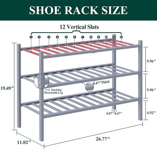 Smiry Bamboo Shoe Rack, 3 Tier Free Standing Wooden Shoe Organizer, Stackable Wood Shoe Storage Shelf for Closet, Entryway, 12 Vertical Slats, 2+1 Stack Standard Legs, 26.8"x11"x19.5", Grey