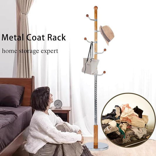 Wooden Coat Rack Freestanding, Hall Tree Hanger With Resin Hooks, Adjustable Heavy Duty Coat Rack for Hanging Clothes Bags Hats in Living Room Bedroom (coat rack, metal-Walnut color)