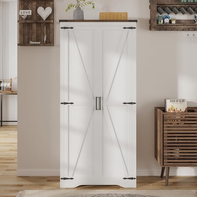Befrases Farmhouse Storage Cabinet with Adjustable Shelves, Large Pantry Organize with 2 Barn Doors, Freestanding Cabinet for Kitchen, Garage, Basement, Living, Utility Room, Off-White