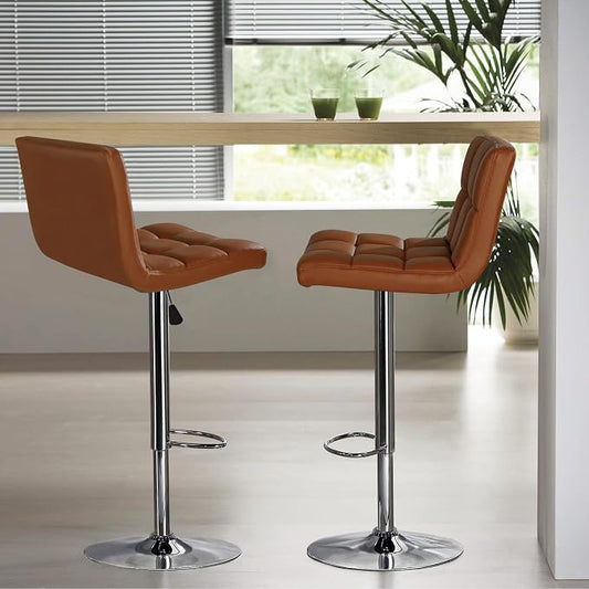 Furniwell Bar Stools Modern Pu Leather Swivel Adjustable Barstools Armless Counter Height Swivel Bar Stool Synthetic Leather Height Square Barstool with Set of 2(Brown)