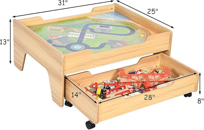 Costzon Wooden Train Table with 100 Multicolor Pieces | Kids Activity Table w/ Large Rolling Storage Drawer, Tracks, Cars, DIY Design, Train Set Table for Boys Girls Toddlers 3+