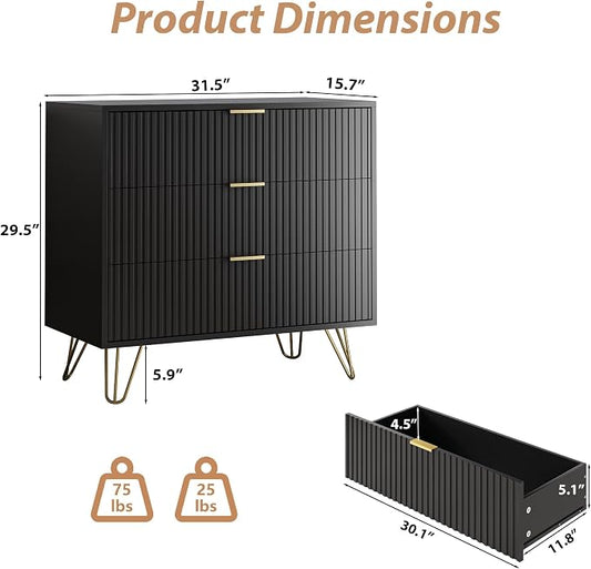 MAISONARIA Black 3 Drawer Dresser for Bedroom, Modern Closet Dressers Chest of Drawers, Fluted Dresser Chest Cabinet with Gold Metal Handles, Nightstand for Bedroom, Living Room, Hallway, Entryway