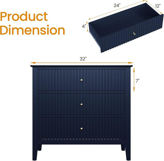 RoyalCraft 32" Large Nightstand, Fluted Painted Bedside Table with 3 Spacious Drawers, Modern Tall End Table for Bedroom, Blue