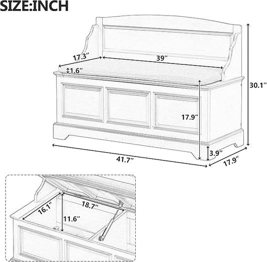 Knocbel Rustic Entry Storage Bench with Hidden Compartments and Removable Cushion, Wooden Entryway Hallway Foyer Shoe Bench Bedroom End of Bed Bench (White)