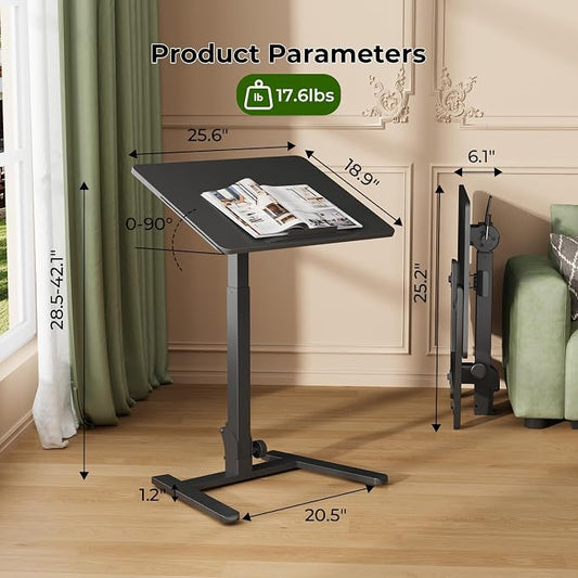 Gibbon Mounts Foldable Standing Desk,Small Mobile Sit-Stand Desk with 90 Tiltable Top,Rolling Rising Laptop Workstation Adjustable Height,Portable Table on Hidden Wheels/4 Lockable Casters,Black