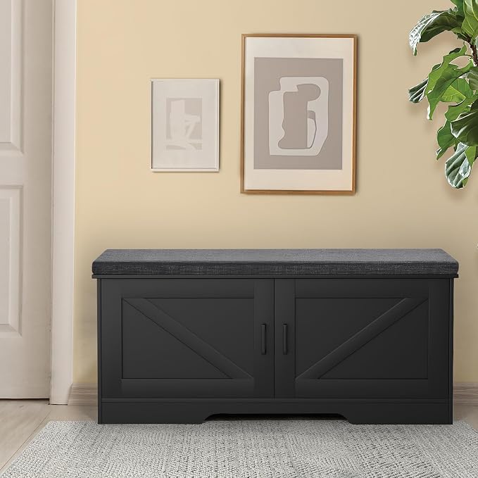 HOMSHO Farmhouse Shoe Storage Bench with 2 Barn Doors & Padded Seat Cushion | 39.4" Wide Entryway Bench with Adjustable Shelves & Hidden Storage, Black