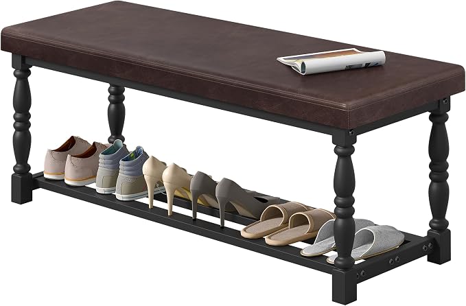 DWVO 48" L Entryway Shoe Bench with Cushioned Seat & Storage for 5-6 Pairs of Shoes, Shoe Rack with Roman Style Legs for Hallway Mudroom Dressing Room, Brown & Black