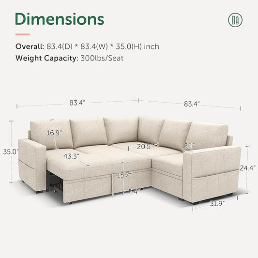 HONBAY Modular Sectional Sleeper Sofa with Pull Out Bed, L Shaped Couch with Storage Seat, Convertible Sectional Couches for Living Room, Beige