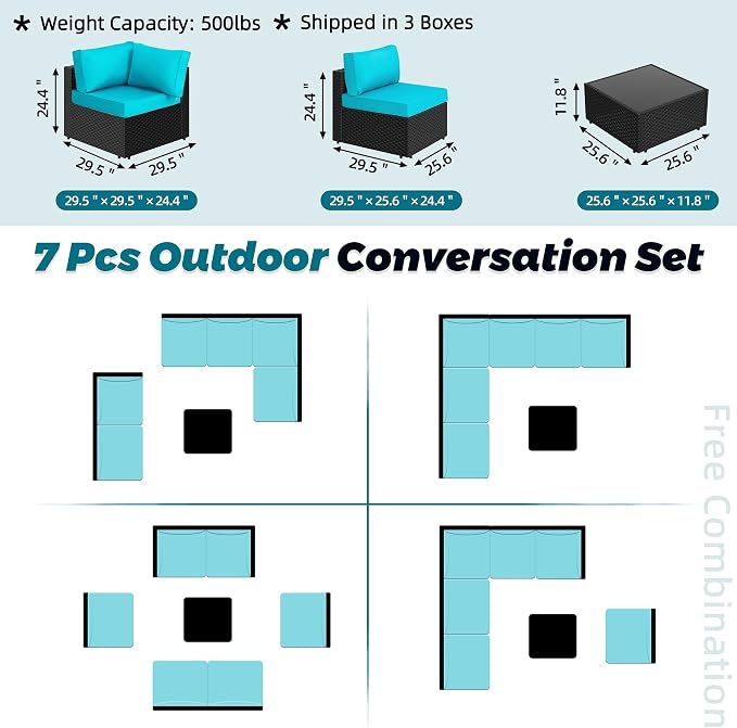 SUNLEI 7pcs Patio Conversation Sets Outdoor Furniture Sets, High Back All-Weather Rattan Sectional Sofa with Tea Table&Washable Couch Cushions(Black Rattan)(Blue)