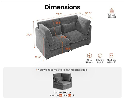77" Oversized Chenille Couch Modular Sectional Sofa, Washable Cloud Couch Sectional, 2 Seater Sectional Couches for Living Room, Fully Cover Removable, Loveseat Sofa, Chenille, Grey
