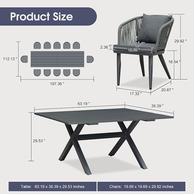 PURPLE LEAF 14 Pieces Patio Dining Set Wicker Outdoor Furniture Rectangular Table and Chairs Set for Garden Deck Aluminum Frame Backyard Kitchen Set, Cushions and Pillows Included Grey