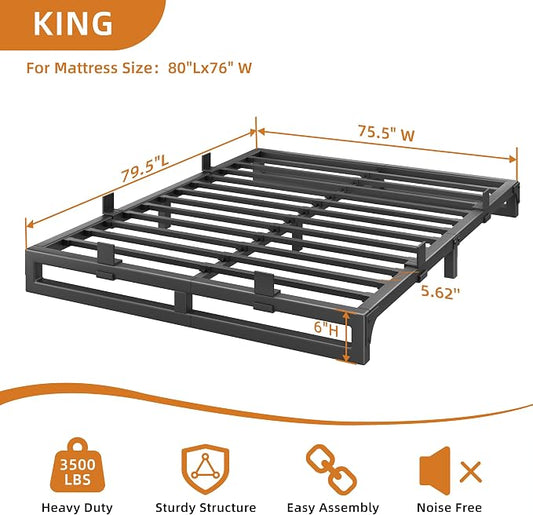 King Size Bed Frame, 6 Inch Metal Platform Bed Frames with Squeak Free U-Slot Design, 6 Non-Slip Guards, 3500lbs Heavy Duty Steel Slat Support, No Box Spring Needed, Under Bed Storage, Black