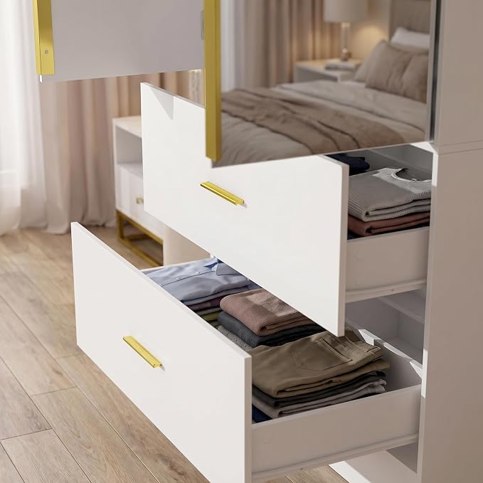 Armoire Wardrobe Closet with Mirror, Light and Fluted Doors, Tall Bedroom Armoire with Hanging Rod and 2 Drawers, White