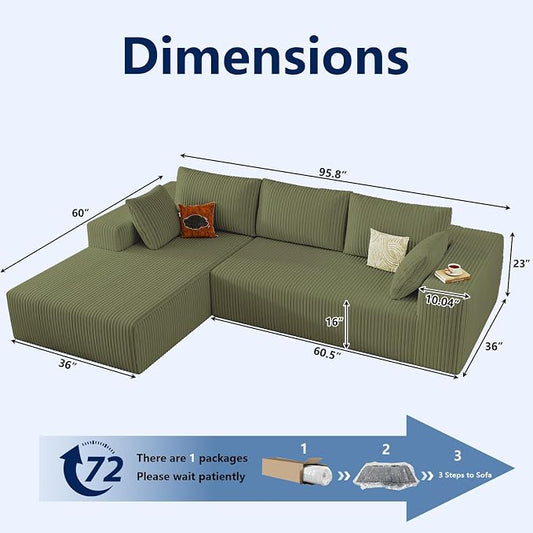 96" Modular Sectional Sofa, Modern Corduroy Cloud Couch with Deep Seat, Boneless Couch Upholstered 3-Seater L-Shaped Sofa for Living Room, No Assembly Required (Green, Left-Facing Chaise)