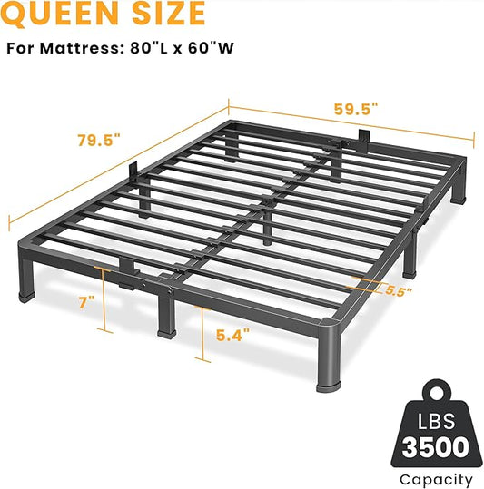 7 Inch Queen Bed Frame, Metal Platform Bed Frame with Round Corner Legs, 3500 lbs Heavy Duty Steel Slats Support, No Box Spring Needed, Noise Free, Easy Assembly, Black