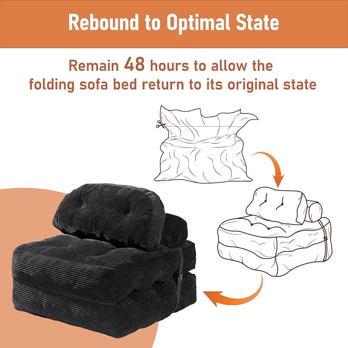 Folding Sofa Bed, Convertible Sleeper Chair with Back Support and Pillow Futon,Boneless Foldable Couch for Living Room/Guest Use/Home Office, Foldable Chair Bed for Adults, Black