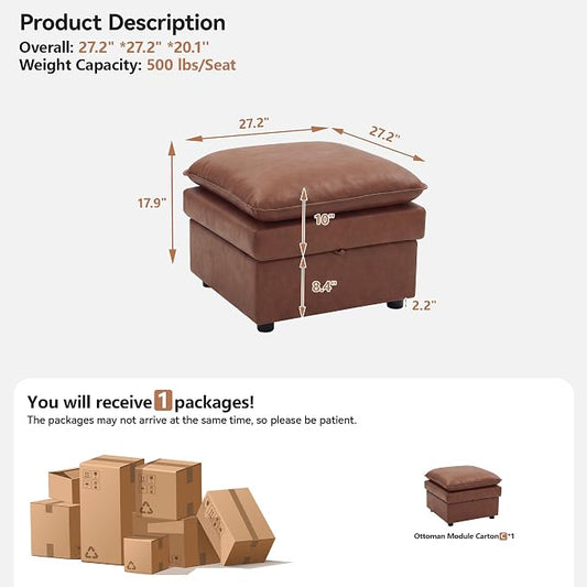 27" Brown Faux Leather Storage Ottoman, Large Square Footrest for Couch | Lift-top Storage Keeps Blankets and Clothes Organized, with Padded Upholstery and Anti-slip Legs for Bedroom, Living room.