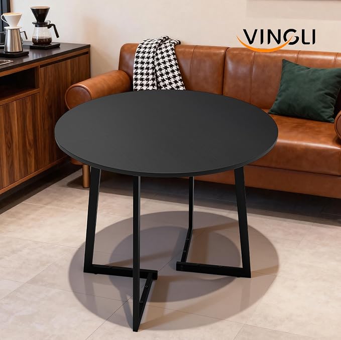 VINGLI Round Dining Table for 2-4, 35in Modern Dining Room Table with Cross Leg, Black Wooden Kitchen Table, Space-Saving, Small Space Circle Dinette for Home, Kitchen, Apartment