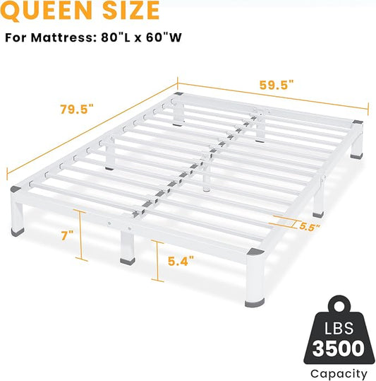 7 Inch Queen Bed Frame, Metal Platform Bed Frame with Round Corner Legs, 3500 lbs Heavy Duty Steel Slats Support, No Box Spring Needed, Noise Free, Easy Assembly, White