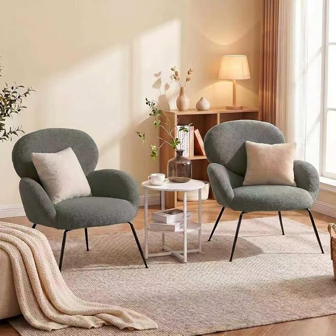 Accent Chair, Cloud Accent Chair for Bedroom, Boucle Fabric (Green) | Comfy Bedroom Chair with Love Back and Sturdy And Durable Solid-Wood Frame/ Study Room / Bedroom / Living Room /(Cream Style)