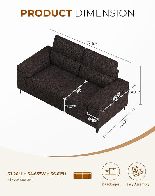 Upvilla 71.25" Modern Sofa Couch for Living Room, Deep Seat Sofas with 8” Cushion, Comfy 2-Seater Chenille Loveseat with Convertible Armrest, Removable Sofa Cover, High Leg (Dark Gray)