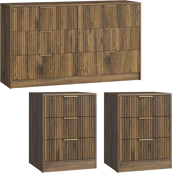 Walnut Dresser & Nightstand Set 3-Piece, 6 Drawer Dresser and Night Stand Set of 2 with Metal Handle, Modern Wood Chest of Drawers Storage Dressers Set for Bedroom, Walnut