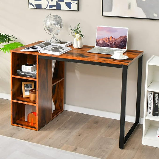 Tangkula Computer Desk with Storage Shelves, Home Office Desk with 5 Side Shelves & Metal Frame, Space Saving Laptop PC Desk, Writing Study Desk, Modern Vanity Desk for Bedroom (Rustic Brown)