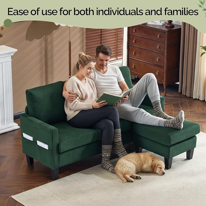 VINGLI 68.5' L Shaped Couch with Movable Storage Ottoman, Convertible Sectional Sofa in Soft Corduroy Fabric, Modern Reversible Chaise Couch for Small Spaces, Apartment, Living Room,Dark Green