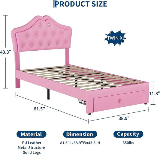 Garvee Twin XL Size Bed Frame with LED Lights & Velvet Crystal Button Headboard, Upholstered Boy Platform Bed with Storage Drawer, Noise Free, No Box Spring Needed for Kids, Teens, Pink