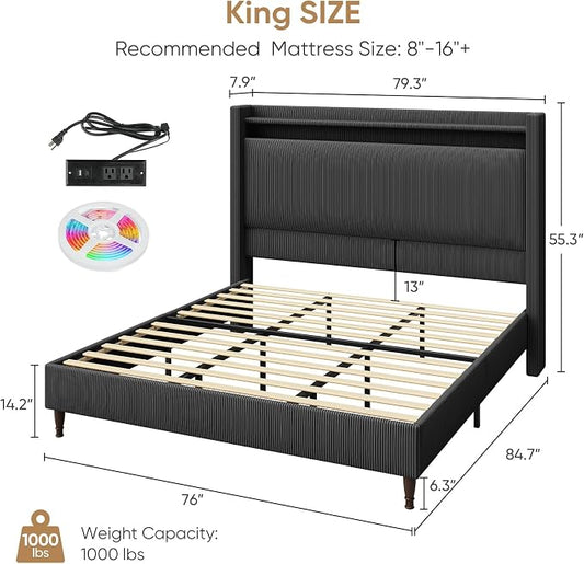 King Size Bed Frame with Tall Headboard, 55.3" Corduroy Upholstered Platform Bedframe with LED Lights & Charging Station, King Beds Wingback Storage Headboard, No Box Spring Needed, Wood Slats, Black