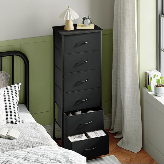 Somdot Tall Dresser for Bedroom with 6 Drawers, Storage Organizer Chest of Drawers with Removable Fabric Bins for Closet Bedside Living Room Laundry Entryway Hallway, Black