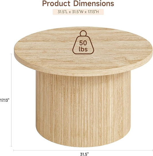 ONBRILL 31.5" Round Coffee Table, Tambour Design Coffee Tables for Living Room, Mid Century Modern Wood Coffee Table, Drum Accent Small Center Table, Travertine Texture