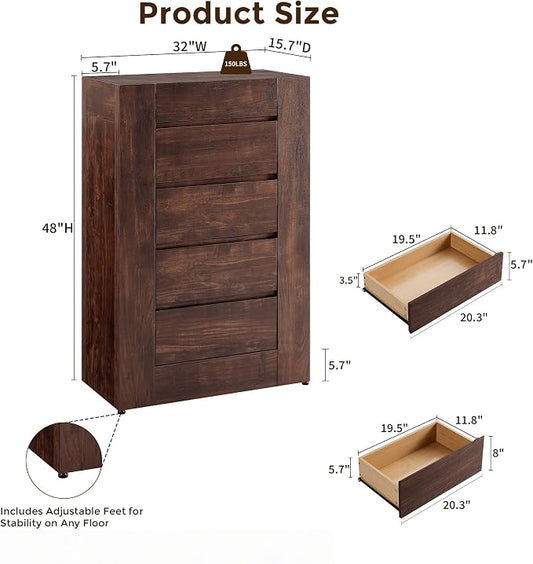OKD 5 Drawer Dresser for Bedroom, 48" Tall Dresser Chest of Drawers with Thick Wood Design, Handleless, Modern Bedroom Dresser, Storage Organizer for Living Room/Entryway, Dark Walnut
