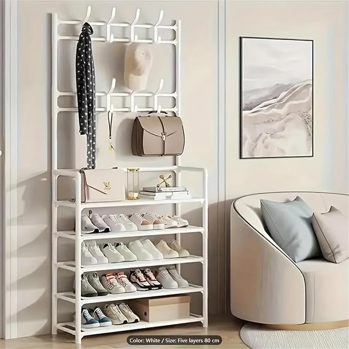 ikaufen 5-Tier Entryway Coat Rack Shoe Shelf, 2-in-1 Hall Tree with 8 Hooks, Thickened Plastic Storage Organizer for Shoes, Bags, Hats (Black/White) (White)