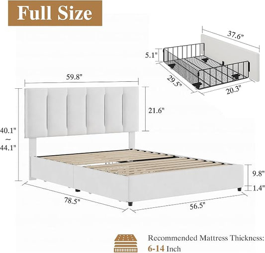 VECELO Full Size Bed Frame with 4 Storage Drawers, Adjustable Height Headboard, Heavy-Duty Platform Bedframe with Strong Wooden Slats, No Box Spring Needed, Pure White