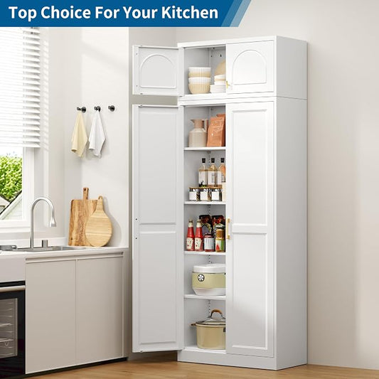 86" Tall Metal Kitchen Pantry Storage Cabinet with Doors | Extra Large Heavy Duty Steel Cabinet, 4 Adjustable Shelves, Easy-Access Gold Handles, White, 2 Packages, Home Office Pantry