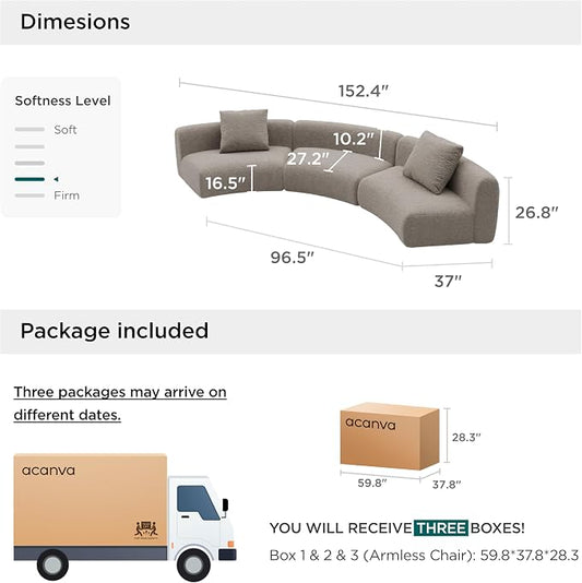 Acanva Formia Boucle Curved Sectional Sofa, 3 Armless Chairs, Light Coffee | Modular Couch, Modern Minimalist, Wood Frame, For Living Room, Apartment, Home Office