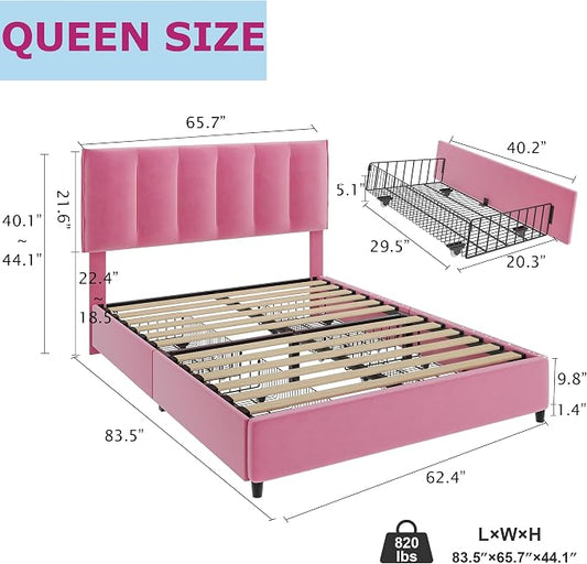 VECELO Queen Size Bed Frame with 4 Storage Drawers, Adjustable Height Headboard, Heavy-Duty Platform Bedframe with Strong Wooden Slats, No Box Spring Needed, Pink