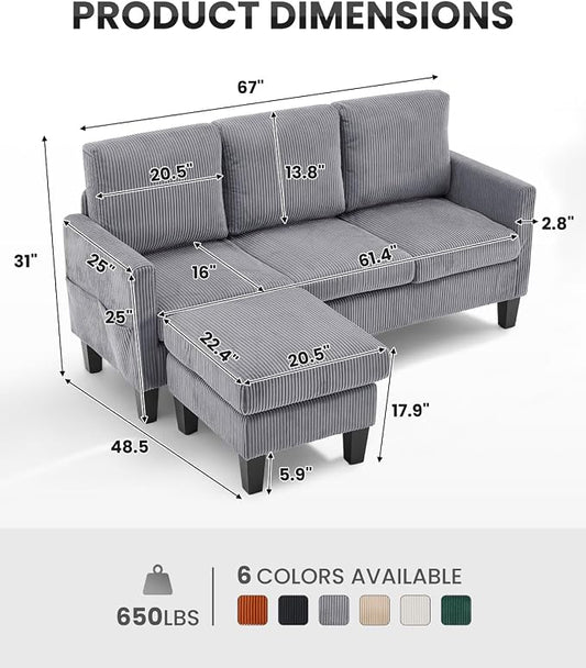 Karl home 67" Small Sectional Couch L Shaped Sofa, Grey | Movable Storage Ottoman, Corduroy Upholstered, Sofa Chaise, Side Pockets 5.9" Sofa Legs for Living Room, Apartment, Studio