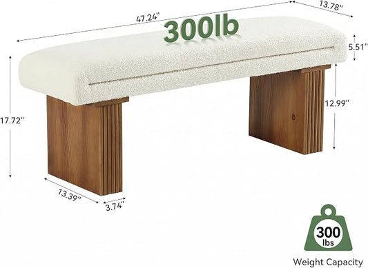 Solid Wood Entryway Bench, 47" Farmhouse End of Bed Bench, Ottoman Indoor Bench with Cushion, Upholstered Window Bench for Entryway, Living Room, White & Brown