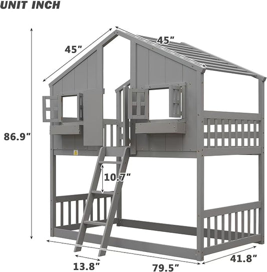 GDFStudio Twin Over Twin House Bunk Bed with Roof,Windows,Door,Window Boxes,Safety Guardrails & Ladder,Pine Wood Frame,Low-Height Kids Bunk Beds for Bedrooms,Playful Loft Bed with Easy Assembly, Grey
