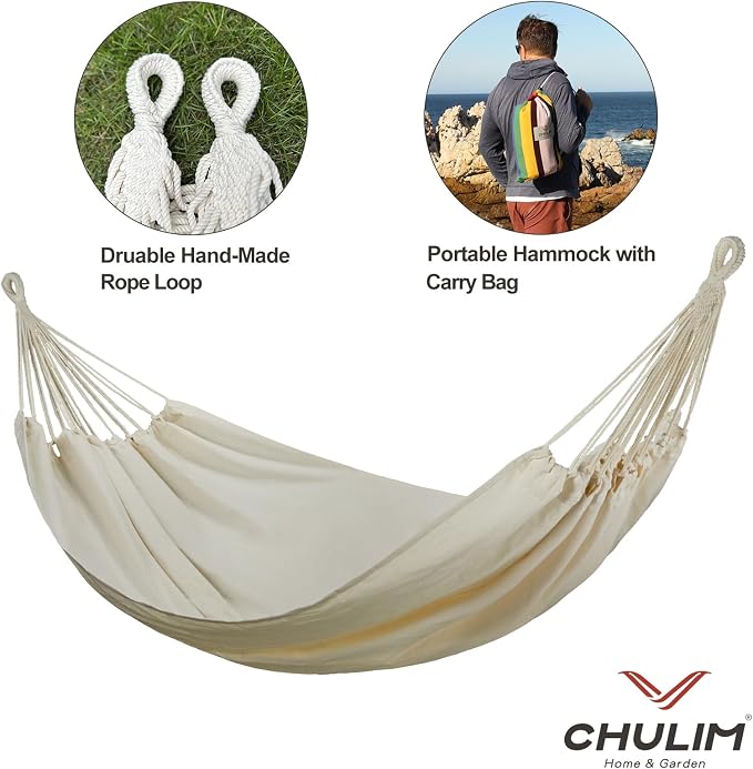 CHULIM Brazilian Double Hammock with Tree Straps,Extra Large 240x160cm,2 Persons Hammock for Backyard Patio Outdoor and Indoor,450lbs Weight Capacity,Soft Woven Cotton Fabric Natrual White