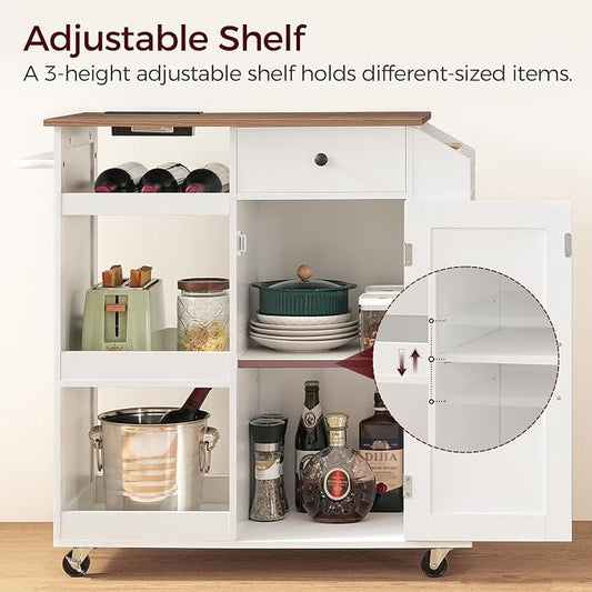 MAHANCRIS Kitchen Island with Power Outlet, Kitchen Storage Island with Drawer, Rolling Kitchen Cart on Wheels, Spice Rack, Towel Rack, Wine Rack, for Dining Room, White and Walnut KIBZ122E01