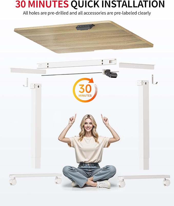 Okin Standing Desk Electric Adjustable Computer Whole Piece Stand up Desk with Wheels Office Gaming Home Office Memory Desks 48x24 inches Cream Pecans