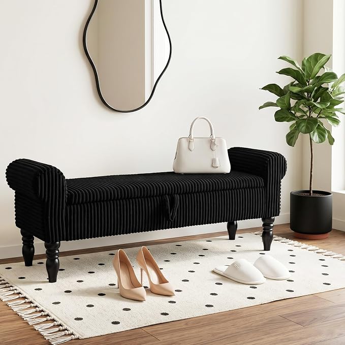 Storage Bench for Bedroom, 60" End of Bed Bench Premium Linen Upholstered Storage Ottoman, Entryway, Closet, Black
