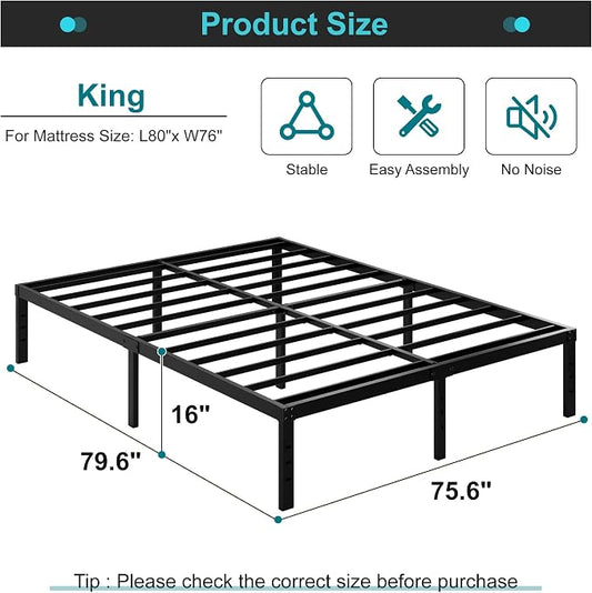 Maenizi 16 Inch King Bed Frame No Box Spring Needed, Heavy Duty King Platform Bed Frame Support Up to 3000 lbs, Easy Assembly, Noise Free, Black