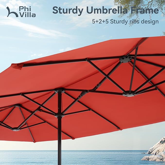 PHI VILLA 8 Piece Patio Dining Set with 13ft Patio Umbrella (Orange Red), 6 Outdoor Swivel Dining Chairs & 1 Large Metal Dining Table for Lawn Garden Backyard (No Umbrella Base)