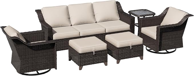 6 Pieces Patio Conversation Furniture Set - 1 Sofa, 2 Swivel Chairs, 2 Ottomans, 1 Side Table, Outdoor Wicker Furniture with Removable Cushions for Porch, Balcony, Sunroom (Beige)