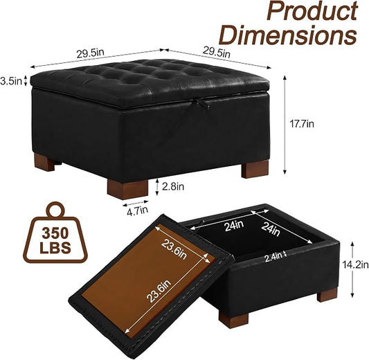 WUTUTUEE 30" Faux Leather Square Storage Ottoman with Wooden Tray, Modern Tufted Button Footstool Coffee Table, Upholstered Large Ottoman for Living Room, Bedroom, Black