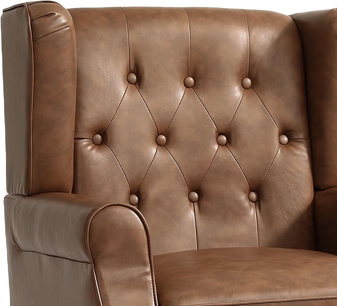 High Back Accent Chair, PU Leather Upholstered Armchair Wingback Chair for Living Room, Comfy Single Sofa Bedroom Reading Seat with Solid Wood Legs, Brown